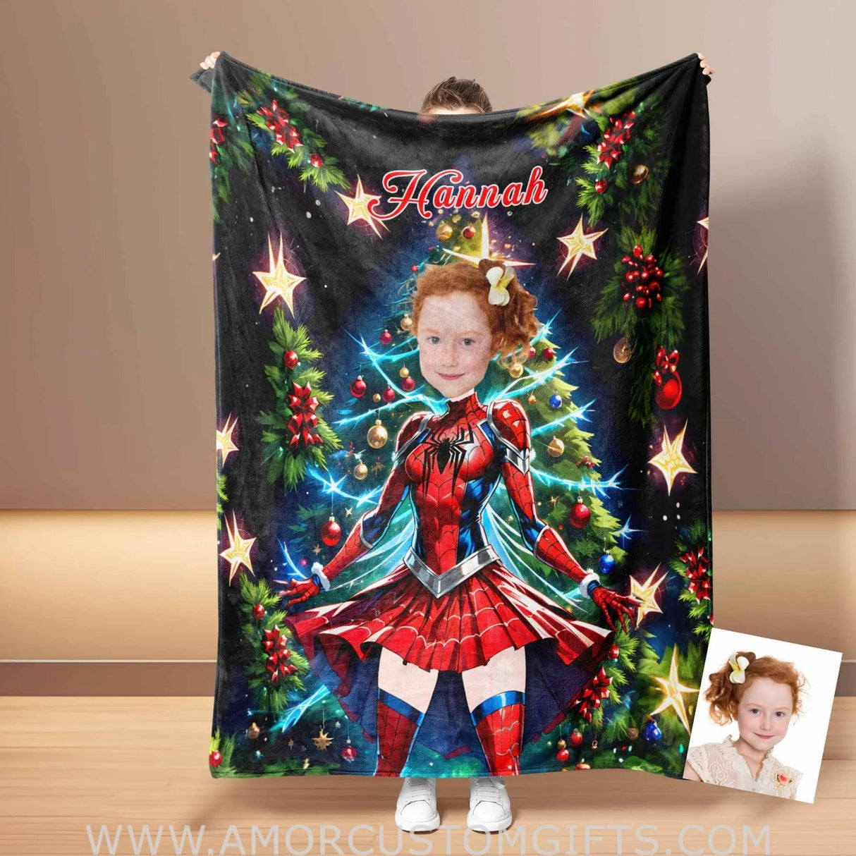 Blankets Personalized Spider Girl Xmas 1 Photo Blanket | Custom Face & Name Superhero Girl Blanket