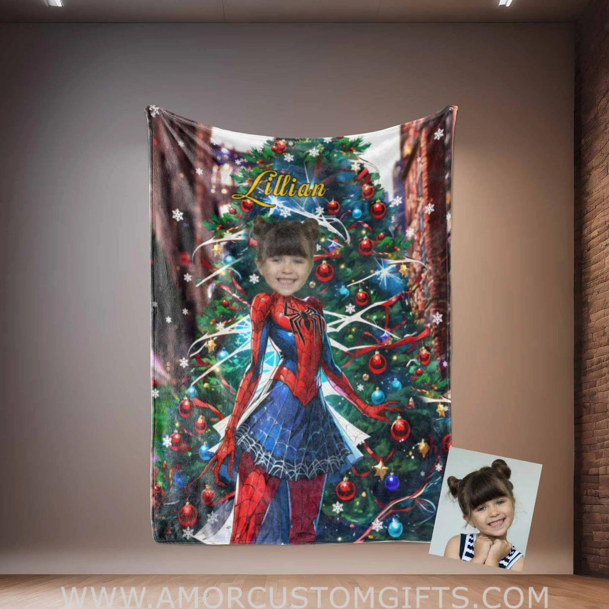 Blankets Personalized Spider Girl Xmas 2 Photo Blanket | Custom Face & Name Superhero Girl Blanket