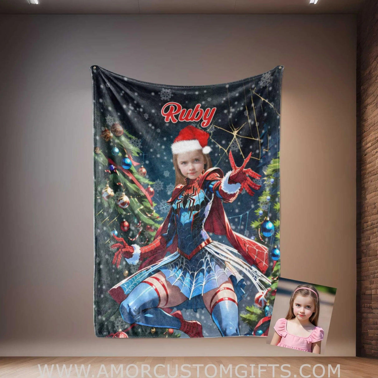 Blankets Personalized Spider Girl Xmas 3 Photo Blanket | Custom Face & Name Superhero Girl Blanket