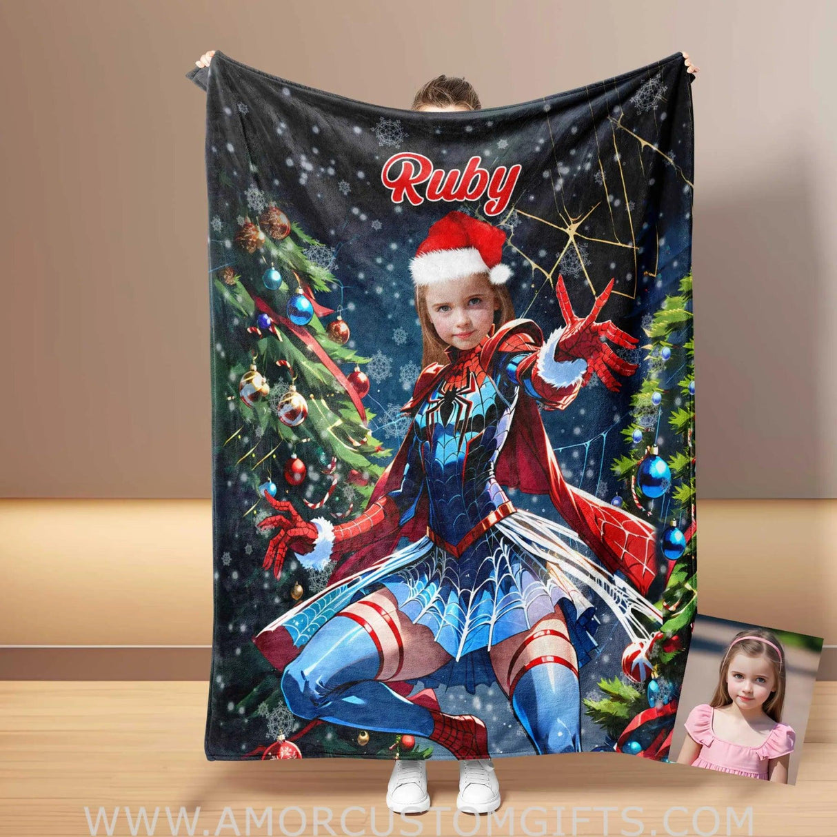 Blankets Personalized Spider Girl Xmas 3 Photo Blanket | Custom Face & Name Superhero Girl Blanket