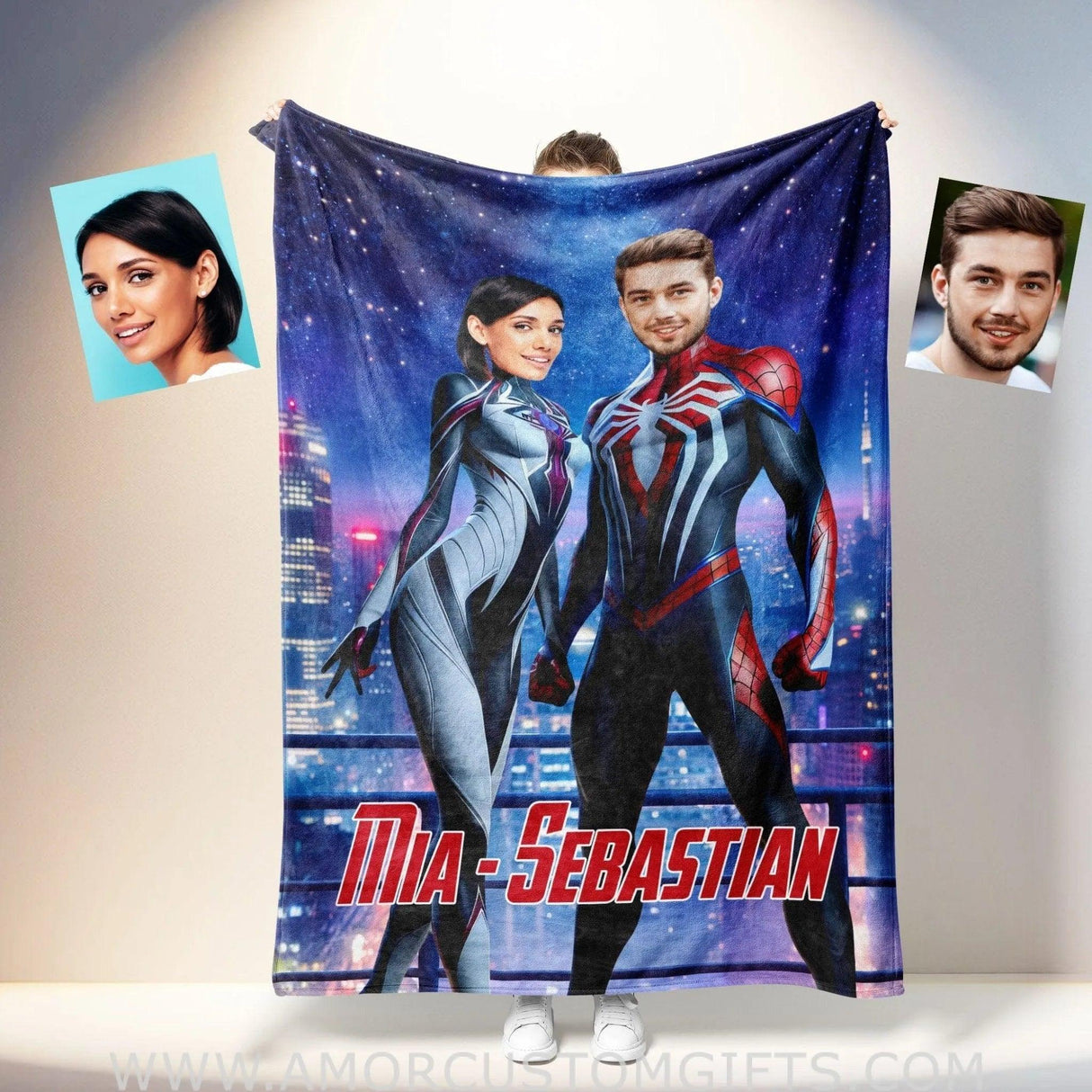 Blankets Personalized Spiderman Gwen Couple 1 Blanket | Custom Face & Name Couple Blanket