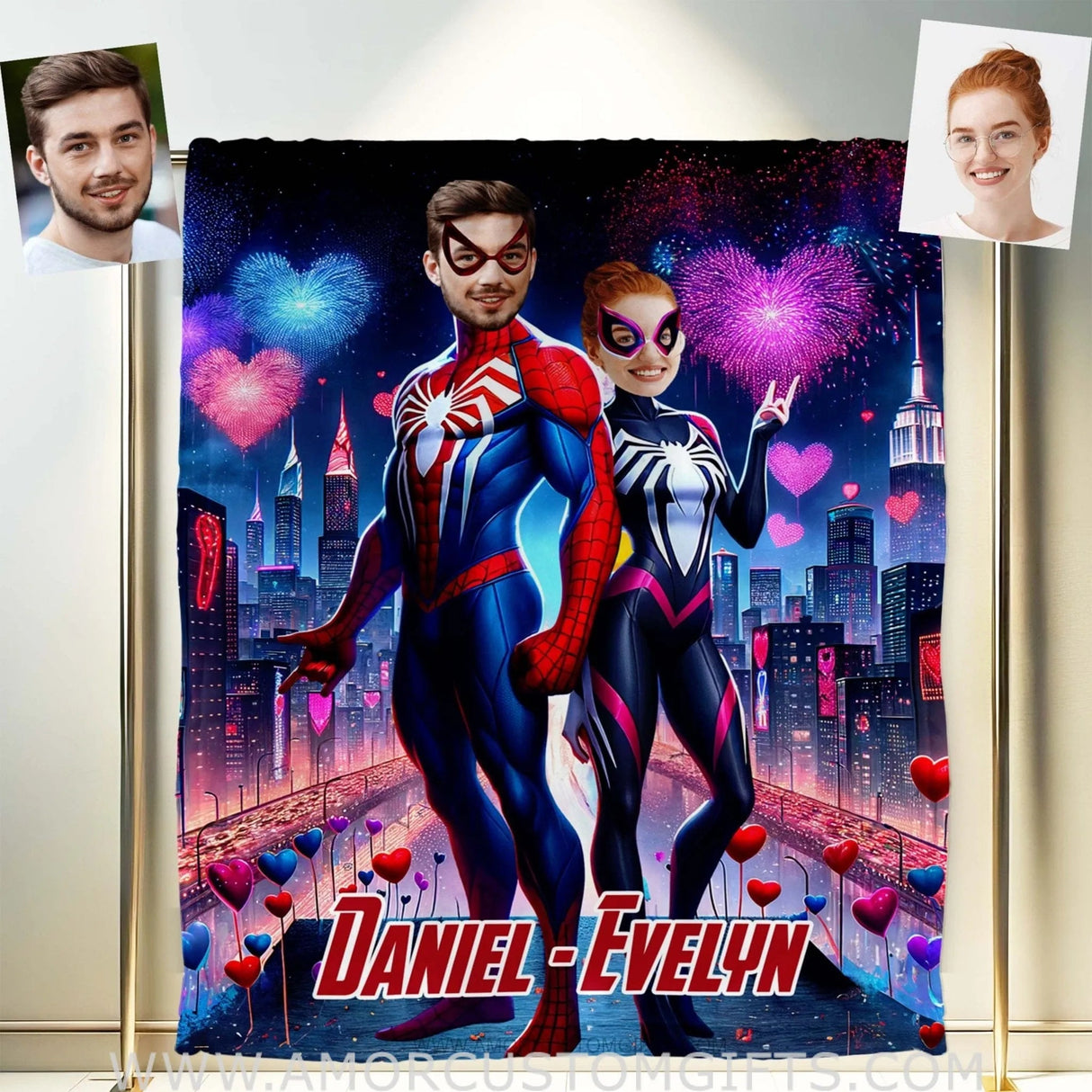 Blankets Personalized Spiderman Gwen Couple 2 Blanket | Custom Face & Name Couple Blanket