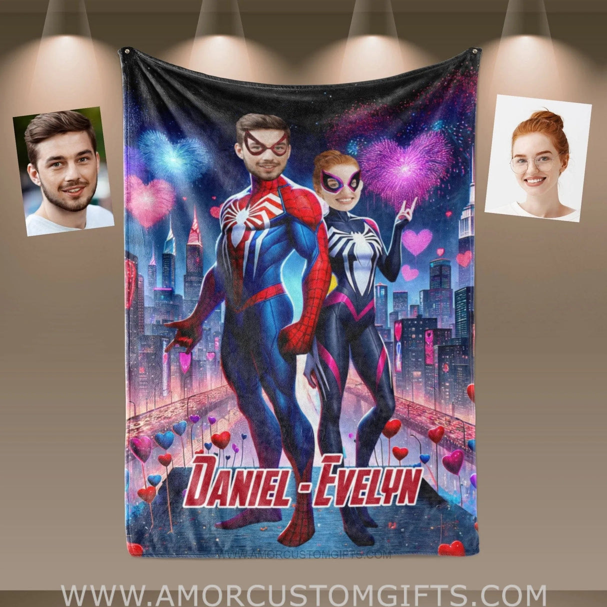 Blankets Personalized Spiderman Gwen Couple 2 Blanket | Custom Face & Name Couple Blanket