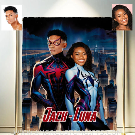 Blankets Personalized Spiderman Gwen Couple 3 Blanket | Custom Face & Name Couple Blanket