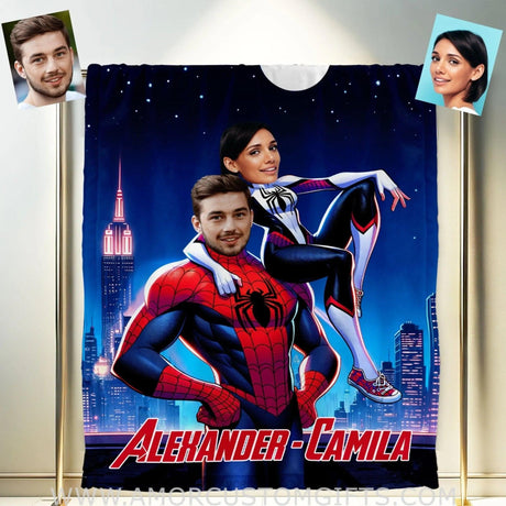 Blankets Personalized Spiderman Gwen Couple 5 Blanket | Custom Face & Name Couple Blanket