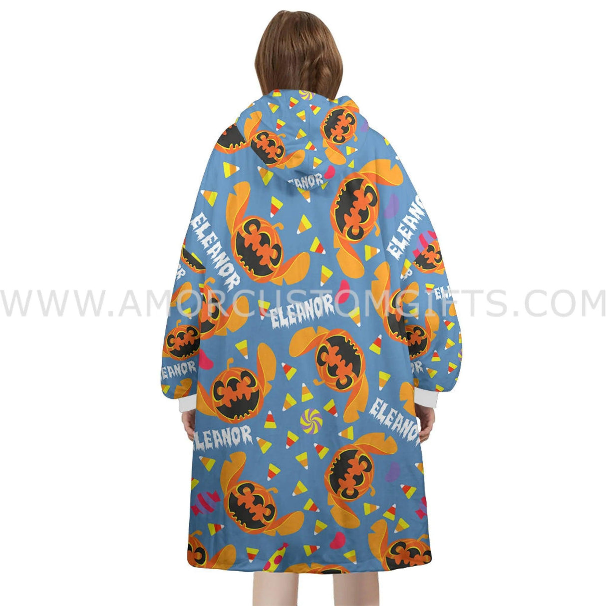 Personalized Stitch Pumpkin Halloween Snug Oversized Wearable Hoodie Blanket-Hoodie Blanket-Amor Custom Gifts