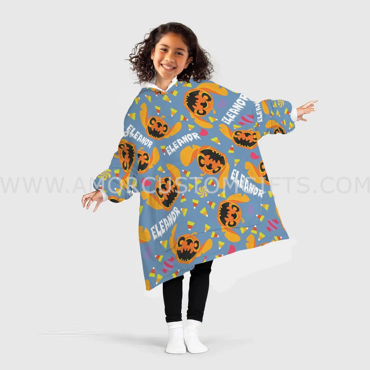 Personalized Stitch Pumpkin Halloween Snug Oversized Wearable Hoodie Blanket-Hoodie Blanket-Amor Custom Gifts