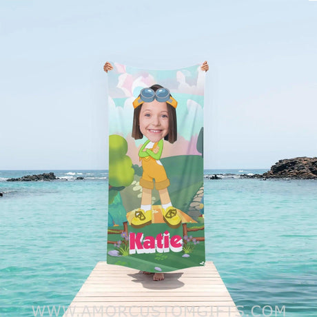 Towels Personalized Summer Lemon Meringue Girl Beach Towel. Custom Face & Name Beach Towel