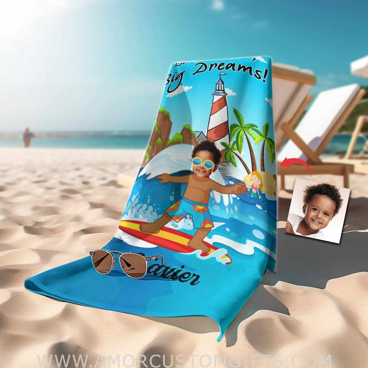 Towels Personalized Summer Little Surfers Big Dreams Boy Surfing Beach Towel