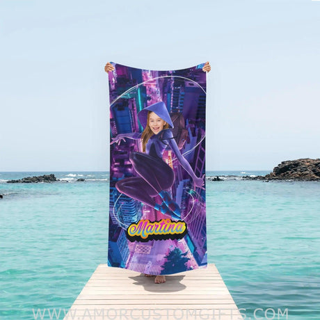 Towels Personalized Summer Superhero Girl Spider Woman Gwen At Purple City Beach Towel