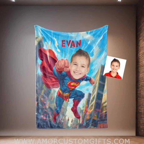 Personalized Super Boy 4 Flying Through City Blanket | Custom Superhero Blankets