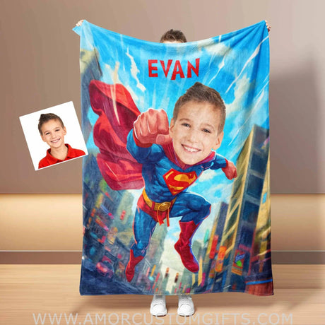 Personalized Super Boy 4 Flying Through City Blanket | Custom Superhero Blankets