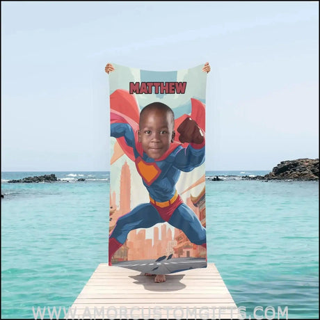 Towels Personalized Super Boy Japanese City Photo Beach Towel | Customized Name & Face Boy Towel