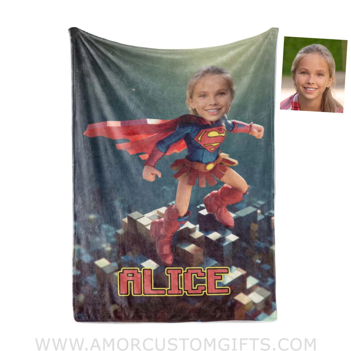 Blankets Personalized Super Girl Flying Over The City Blanket | Custom Name & Face Girl Blanket