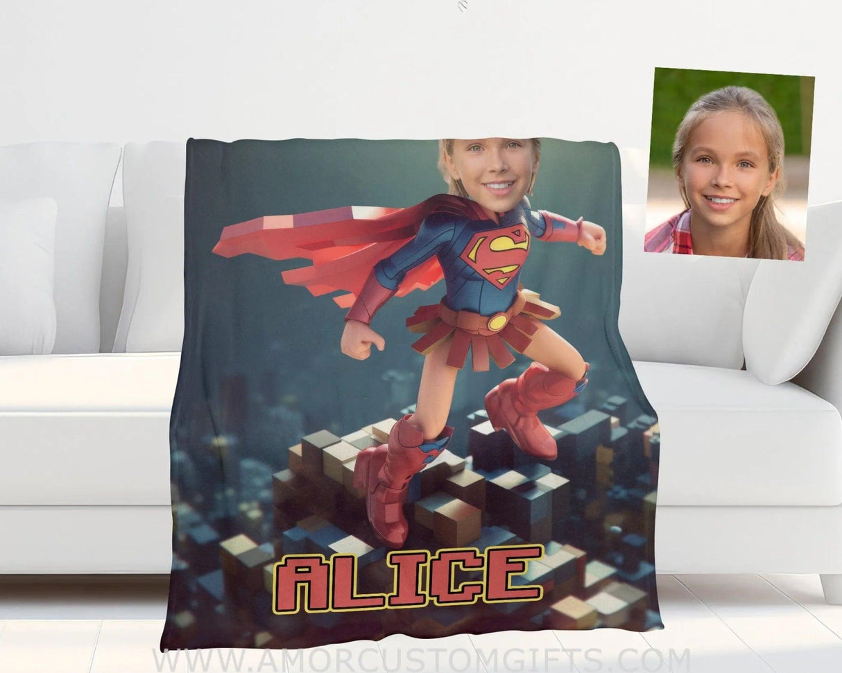 Blankets Personalized Super Girl Flying Over The City Blanket | Custom Name & Face Girl Blanket