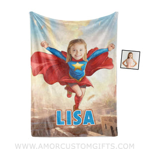 Blankets Personalized Super Girl Jumping On The Roof Blanket | Custom Name & Face Girl Blanket