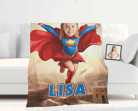 Blankets Personalized Super Girl Jumping On The Roof Blanket | Custom Name & Face Girl Blanket