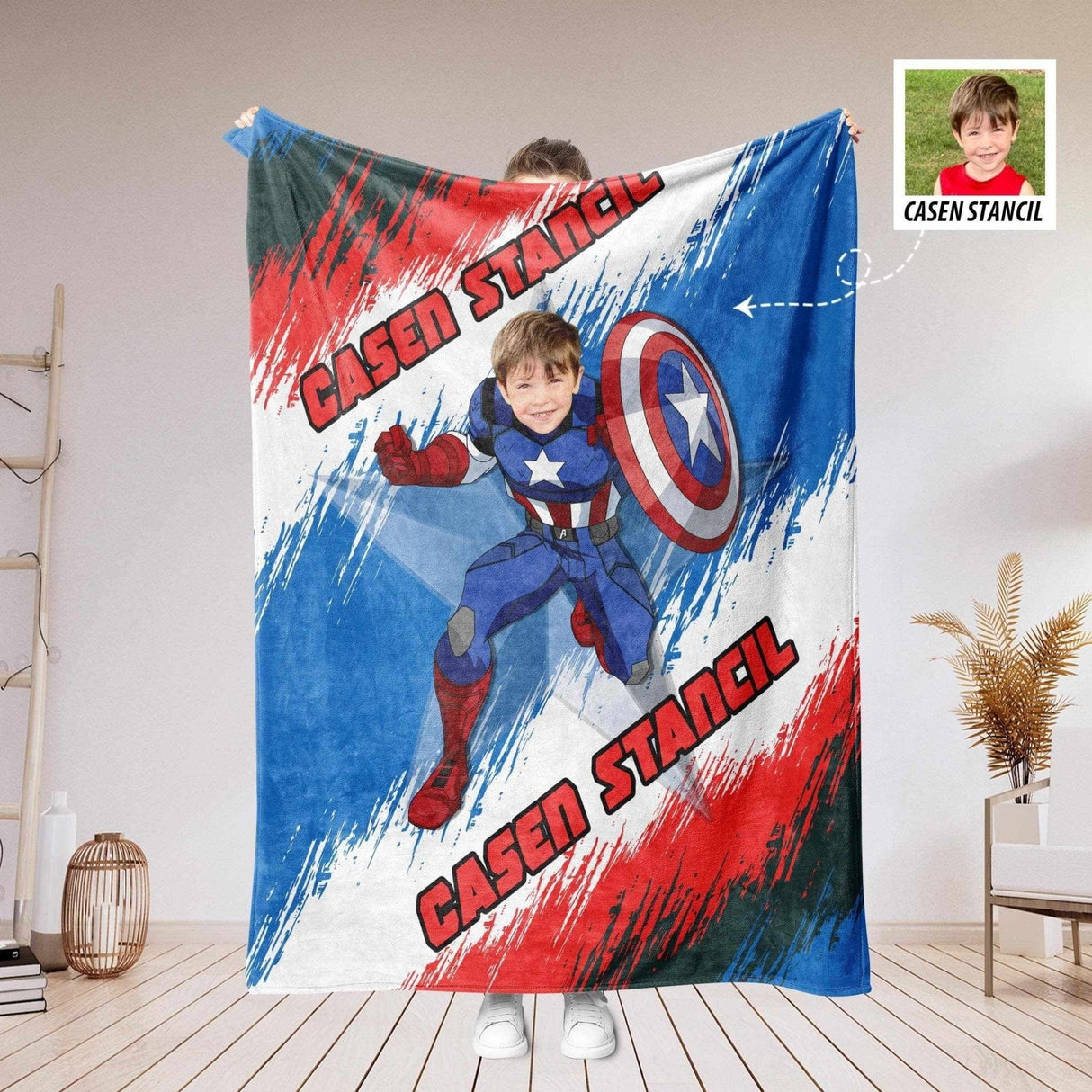 Blankets Personalized Superhero American Captain Boy Blanket | Custom Face & Name Boy Blanket