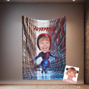 Blankets Personalized Superhero Baby Spider Girl 5 NewYork Building Blanket | Custom Face & Name Superhero Girl Blanket