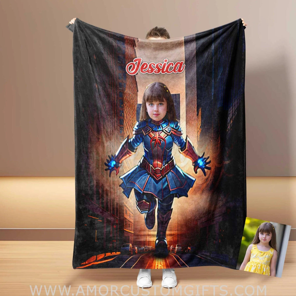 Blankets Personalized Superhero Baby Spider Girl 6 NewYork Building Blanket | Custom Face & Name Superhero Girl Blanket