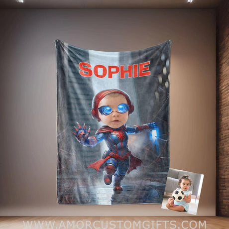 Blankets Personalized Superhero Baby Spider Girl 7 NewYork Building Blanket | Custom Face & Name Superhero Girl Blanket