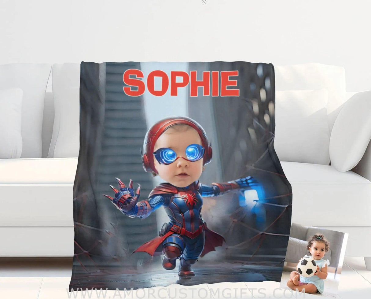 Blankets Personalized Superhero Baby Spider Girl 7 NewYork Building Blanket | Custom Face & Name Superhero Girl Blanket