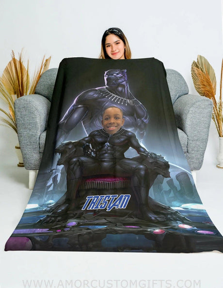 Blankets Personalized Superhero Black Panther 6 Boy Blanket | Custom Face & Name Blanket For Boys