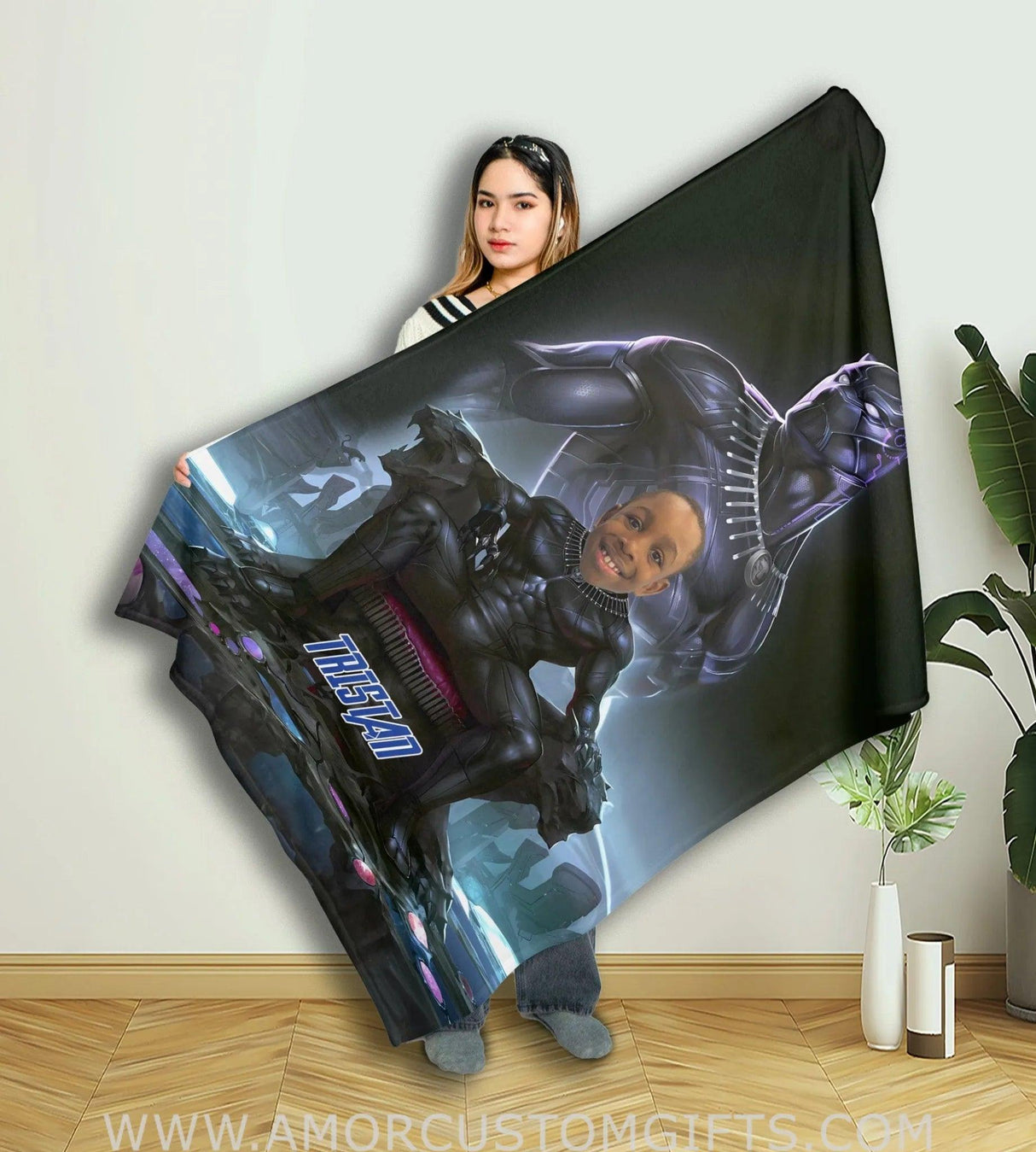 Blankets Personalized Superhero Black Panther 6 Boy Blanket | Custom Face & Name Blanket For Boys