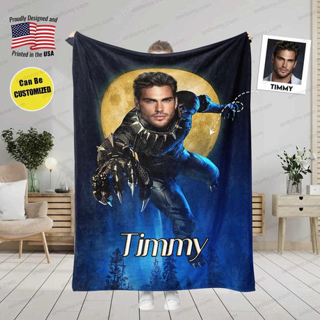 Blankets Personalized Superhero Black Panther Jumping From The Moon Blanket | Custom Superhero Man Blanket