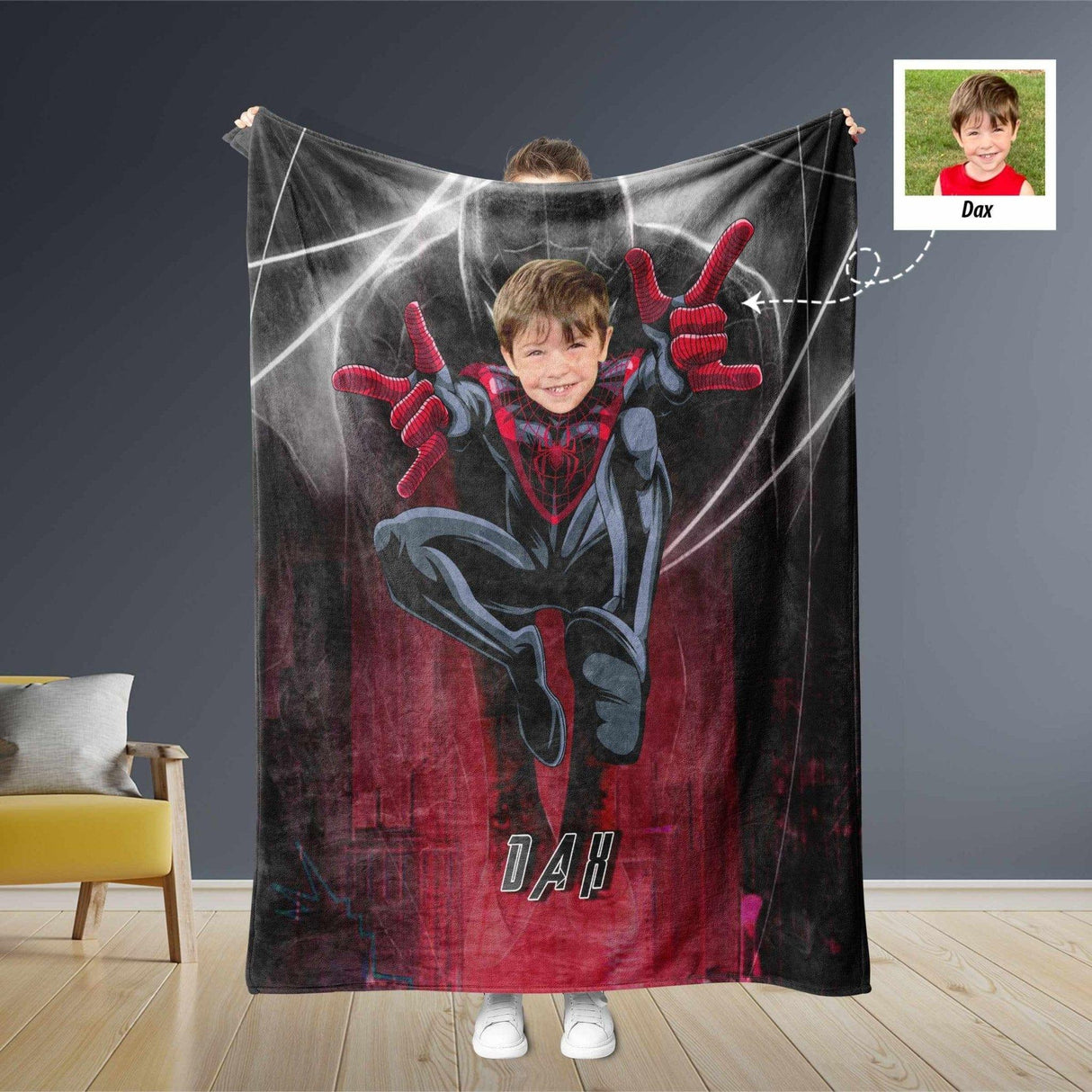 Blankets Personalized Superhero Black Spider Boy Blanket | Custom Face & Name Black Spider Blanket