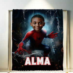 Blankets Personalized Superhero Black Spider Boy Blanket | Custom Face & Name Superhero Boy Blanket