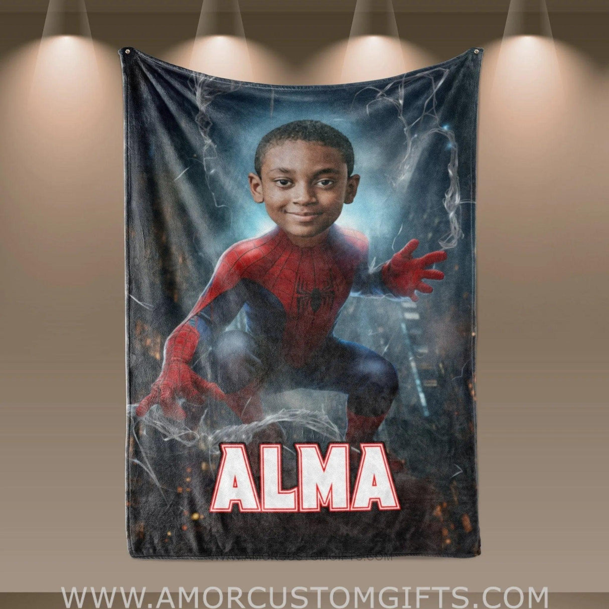 Blankets Personalized Superhero Black Spider Boy Blanket | Custom Face & Name Superhero Boy Blanket