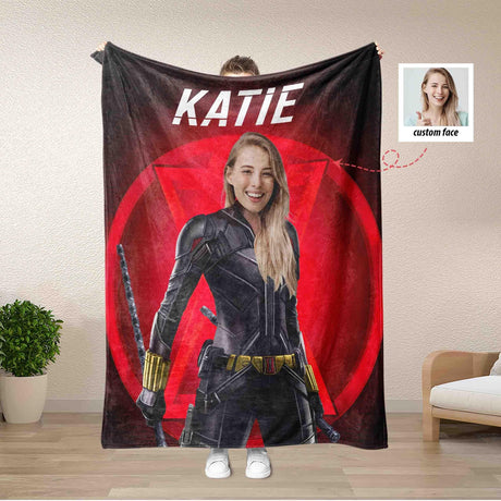 Blankets Personalized Superhero Black Widow Blanket | Custom Face & Name Superhero Woman Blanket,  Customized Blanket