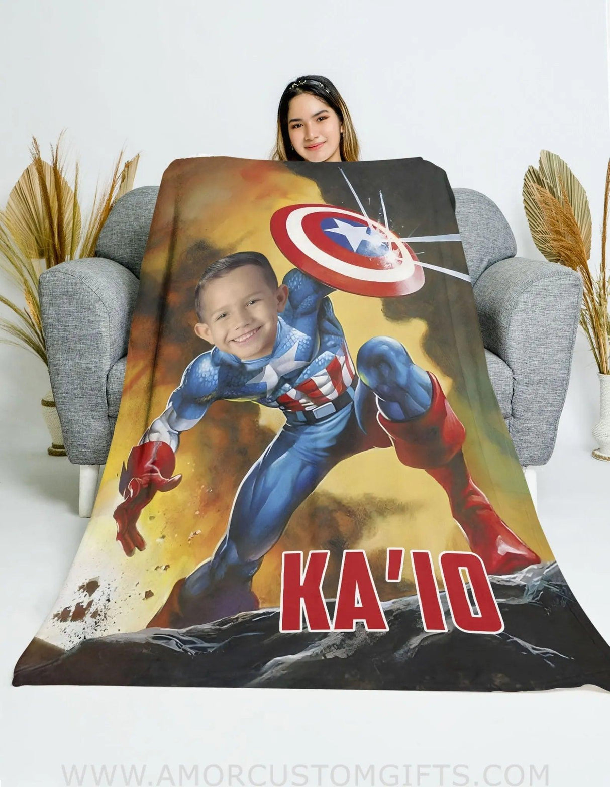 Blankets Personalized Superhero Captain America 10 Boy Blanket | Custom Face & Name Blanket For Boys