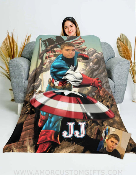 Blankets Personalized Superhero Captain America 11 Boy Blanket | Custom Face & Name Blanket For Boys