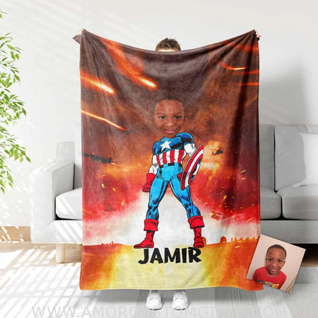 Blankets Personalized Superhero Captain America 11 Boy Blanket | Custom Face & Name Blanket For Boys