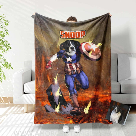 Blankets Personalized Superhero Captain America 9 Pet Blanket | Custom Face & Name Blanket For Pet Boy