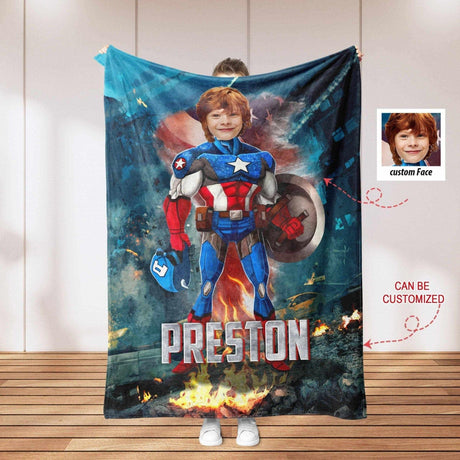 Blankets Personalized Superhero Captain Blanket | Custom Face & Name American Captain Boy Blanket,  Customized Blanket