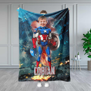 Blankets Personalized Superhero Captain Blanket | Custom Face & Name American Captain Boy Blanket,  Customized Blanket