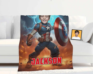 Blankets Personalized Superhero Captain America Boy Photo Blanket | Custom Name & Face Superhero Boy Blanket