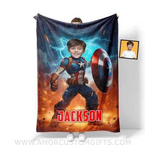 Blankets Personalized Superhero Captain America Boy Photo Blanket | Custom Name & Face Superhero Boy Blanket