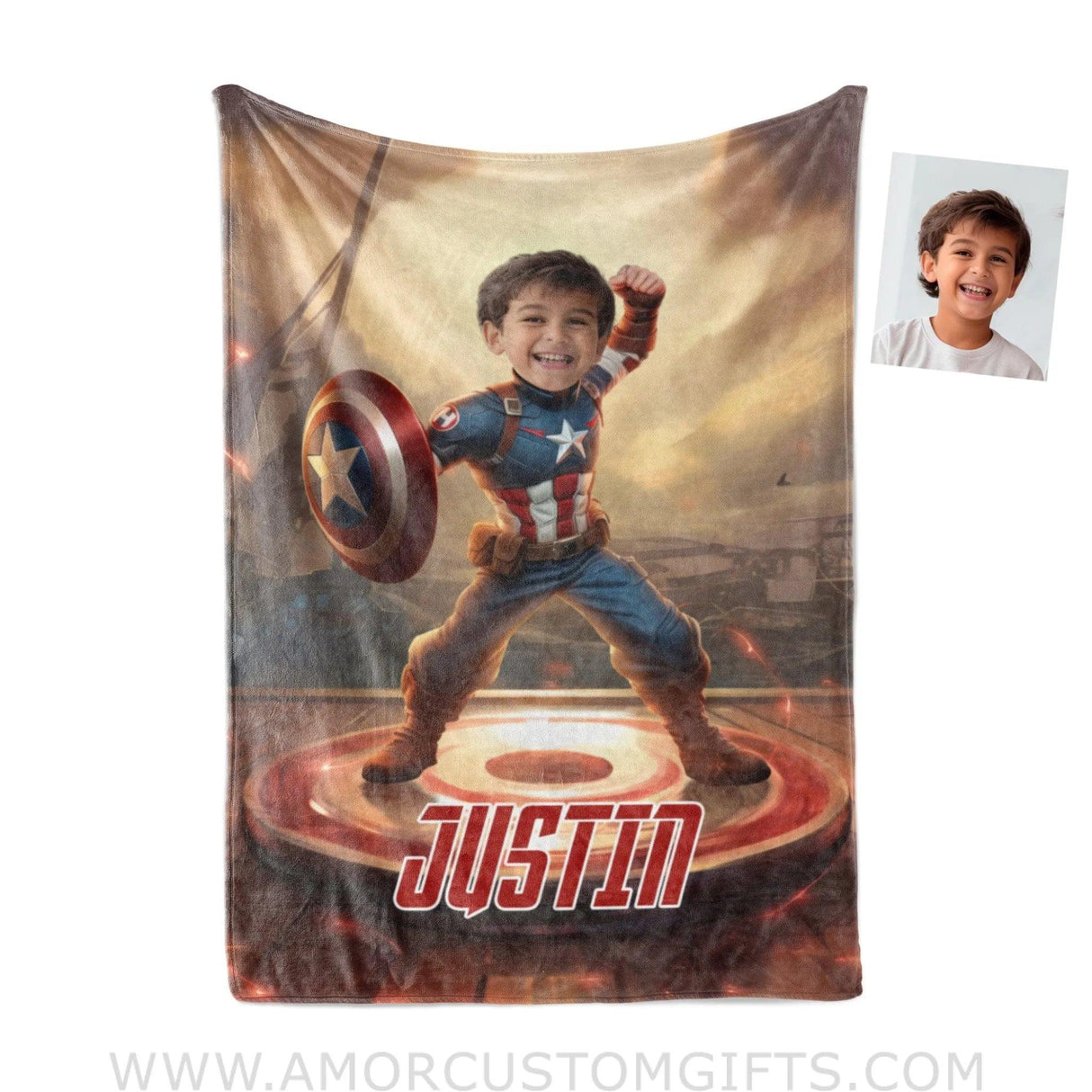 Blankets Personalized Superhero Captain America Boy Yoyo Board Photo Blanket | Custom Name & Face Superhero Boy Blanket