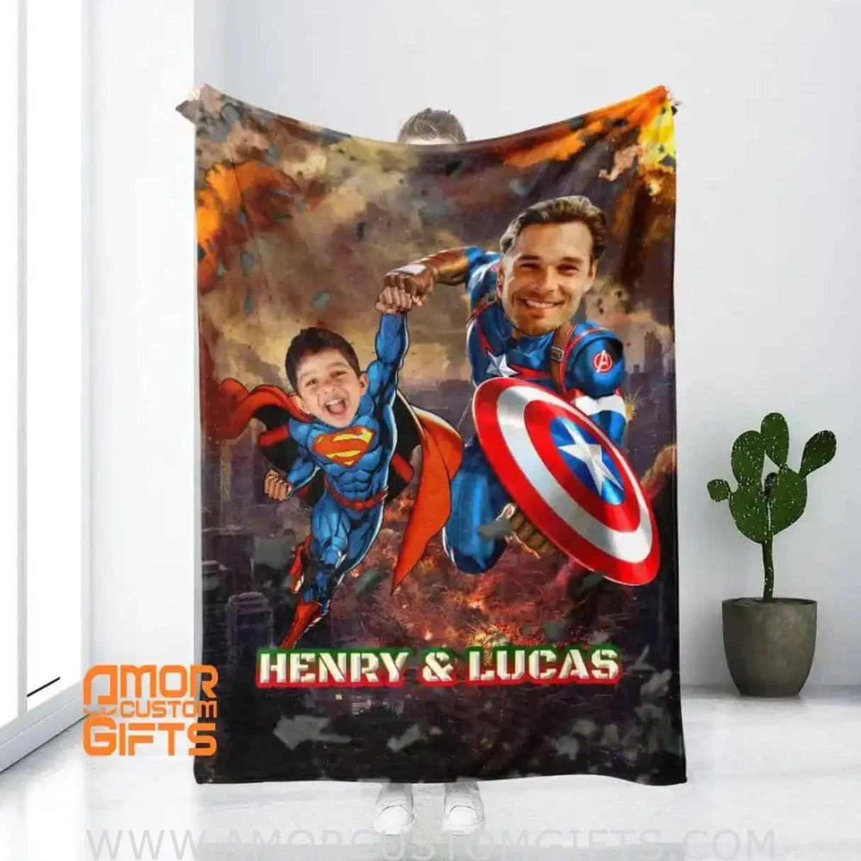 Blankets Personalized Superhero Captain America Super Son Father Son Blanket | Custom Face & Name Father&Son Blanket