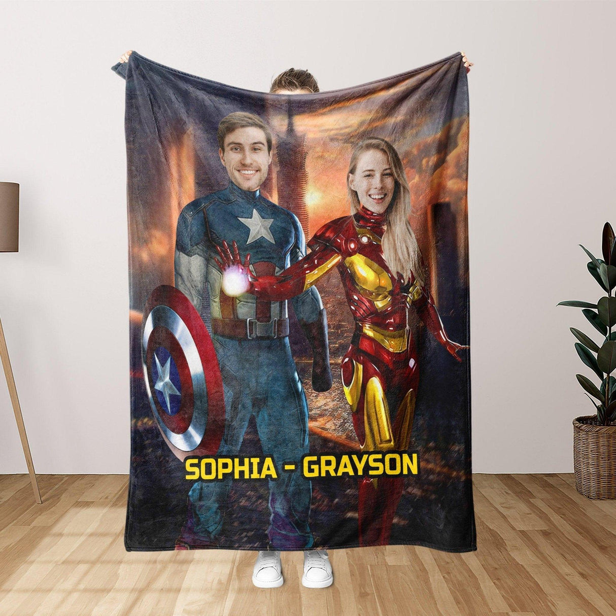 Blankets Personalized Superhero Couple Blanket | Custom Face & Name Captain Man with Iron Woman Blanket