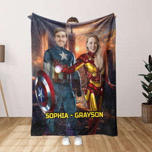 Blankets Personalized Superhero Couple Blanket | Custom Face & Name Captain Man with Iron Woman Blanket