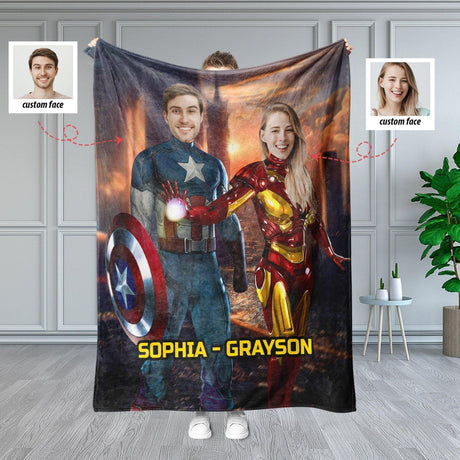 Blankets Personalized Superhero Couple Blanket | Custom Face & Name Captain Man with Iron Woman Blanket