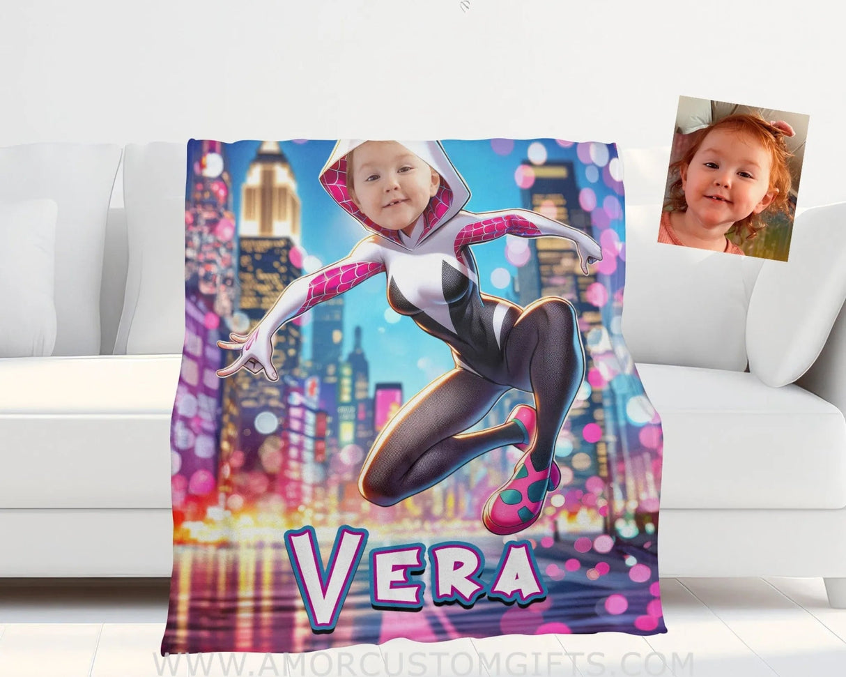 Blankets Personalized Superhero Ghost Spider Girl Gwen Blanket | Custom Name & Face Girl Blanket