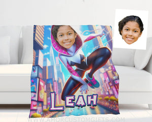 Blankets Personalized Superhero Ghost Spider Girl Gwen In Bright City Photo Blanket | Custom Name & Face Girl Blanket