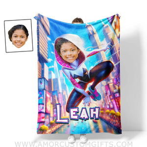 Blankets Personalized Superhero Ghost Spider Girl Gwen In Bright City Photo Blanket | Custom Name & Face Girl Blanket