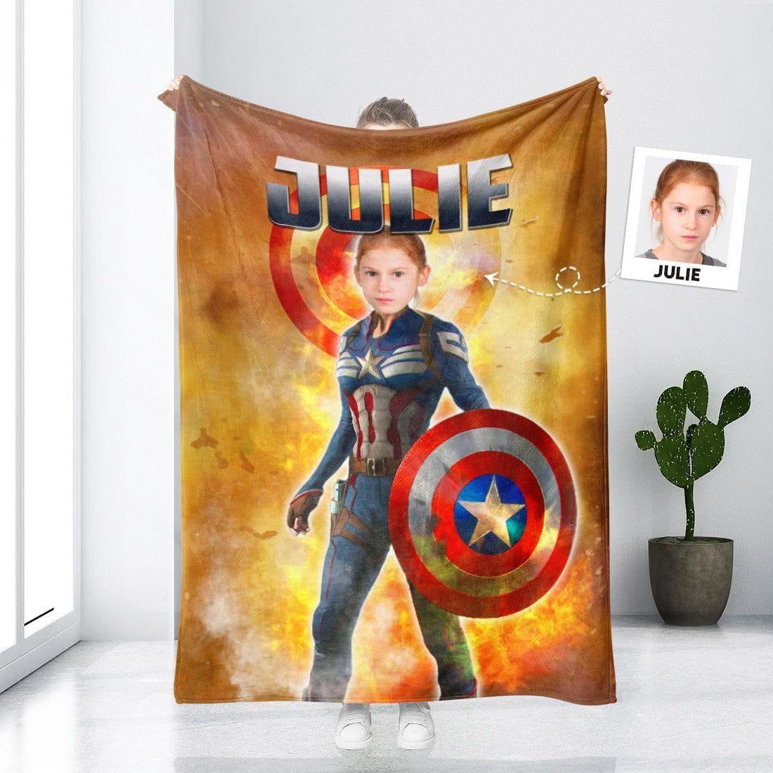 Blankets Personalized Superhero Girl Captain America Blanket | Custom Face & Name Girl Superhero Photo Blanket